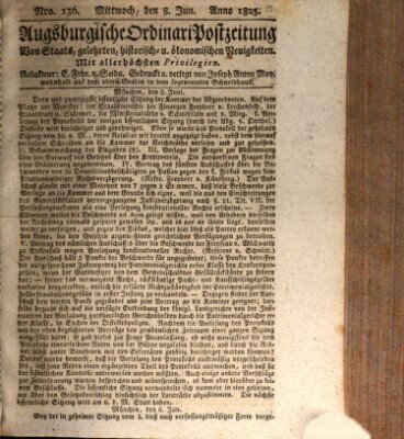 Augsburgische Ordinari Postzeitung von Staats-, gelehrten, historisch- u. ökonomischen Neuigkeiten (Augsburger Postzeitung) Mittwoch 8. Juni 1825