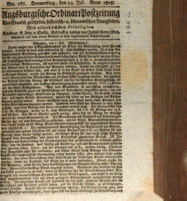 Augsburgische Ordinari Postzeitung von Staats-, gelehrten, historisch- u. ökonomischen Neuigkeiten (Augsburger Postzeitung) Donnerstag 14. Juli 1825