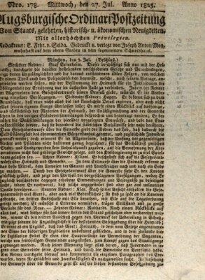 Augsburgische Ordinari Postzeitung von Staats-, gelehrten, historisch- u. ökonomischen Neuigkeiten (Augsburger Postzeitung) Mittwoch 27. Juli 1825