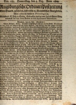 Augsburgische Ordinari Postzeitung von Staats-, gelehrten, historisch- u. ökonomischen Neuigkeiten (Augsburger Postzeitung) Donnerstag 4. August 1825