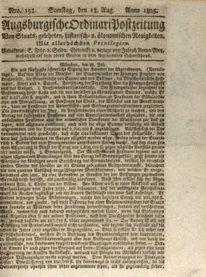 Augsburgische Ordinari Postzeitung von Staats-, gelehrten, historisch- u. ökonomischen Neuigkeiten (Augsburger Postzeitung) Samstag 13. August 1825