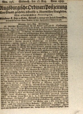 Augsburgische Ordinari Postzeitung von Staats-, gelehrten, historisch- u. ökonomischen Neuigkeiten (Augsburger Postzeitung) Mittwoch 17. August 1825