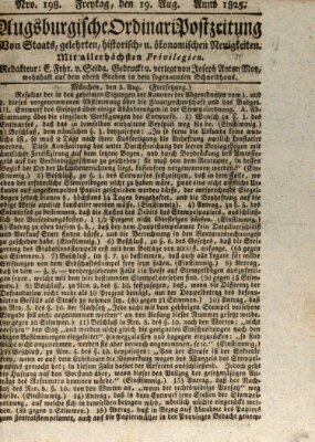 Augsburgische Ordinari Postzeitung von Staats-, gelehrten, historisch- u. ökonomischen Neuigkeiten (Augsburger Postzeitung) Freitag 19. August 1825