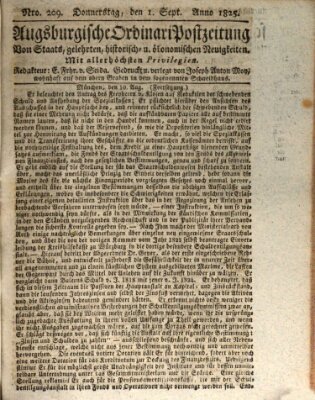 Augsburgische Ordinari Postzeitung von Staats-, gelehrten, historisch- u. ökonomischen Neuigkeiten (Augsburger Postzeitung) Donnerstag 1. September 1825