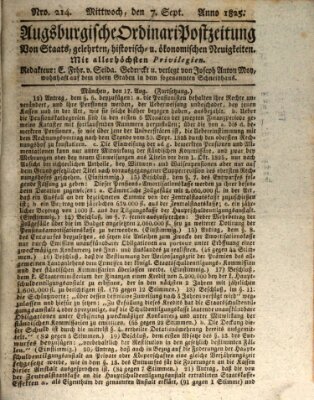 Augsburgische Ordinari Postzeitung von Staats-, gelehrten, historisch- u. ökonomischen Neuigkeiten (Augsburger Postzeitung) Mittwoch 7. September 1825