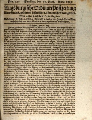 Augsburgische Ordinari Postzeitung von Staats-, gelehrten, historisch- u. ökonomischen Neuigkeiten (Augsburger Postzeitung) Samstag 10. September 1825