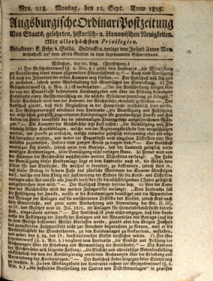 Augsburgische Ordinari Postzeitung von Staats-, gelehrten, historisch- u. ökonomischen Neuigkeiten (Augsburger Postzeitung) Montag 12. September 1825