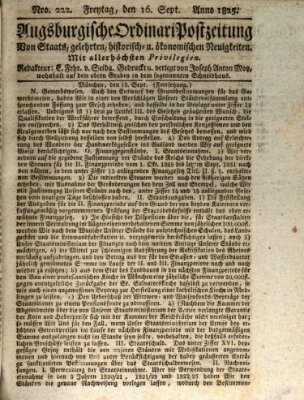 Augsburgische Ordinari Postzeitung von Staats-, gelehrten, historisch- u. ökonomischen Neuigkeiten (Augsburger Postzeitung) Freitag 16. September 1825