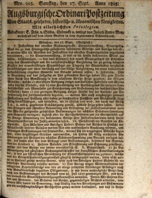 Augsburgische Ordinari Postzeitung von Staats-, gelehrten, historisch- u. ökonomischen Neuigkeiten (Augsburger Postzeitung) Samstag 17. September 1825