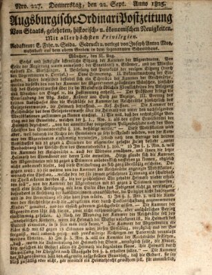 Augsburgische Ordinari Postzeitung von Staats-, gelehrten, historisch- u. ökonomischen Neuigkeiten (Augsburger Postzeitung) Donnerstag 22. September 1825