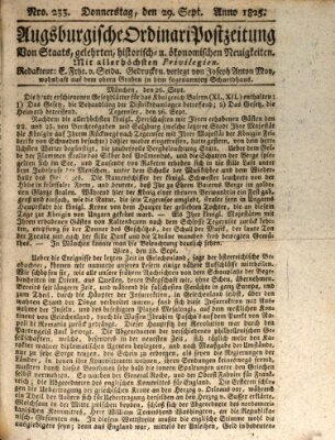 Augsburgische Ordinari Postzeitung von Staats-, gelehrten, historisch- u. ökonomischen Neuigkeiten (Augsburger Postzeitung) Donnerstag 29. September 1825