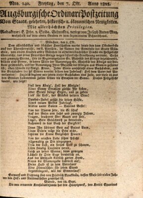 Augsburgische Ordinari Postzeitung von Staats-, gelehrten, historisch- u. ökonomischen Neuigkeiten (Augsburger Postzeitung) Freitag 7. Oktober 1825