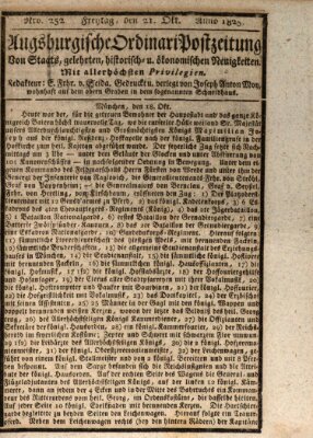 Augsburgische Ordinari Postzeitung von Staats-, gelehrten, historisch- u. ökonomischen Neuigkeiten (Augsburger Postzeitung) Freitag 21. Oktober 1825