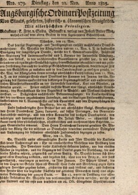 Augsburgische Ordinari Postzeitung von Staats-, gelehrten, historisch- u. ökonomischen Neuigkeiten (Augsburger Postzeitung) Dienstag 22. November 1825