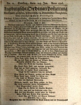 Augsburgische Ordinari Postzeitung von Staats-, gelehrten, historisch- u. ökonomischen Neuigkeiten (Augsburger Postzeitung) Samstag 14. Januar 1826