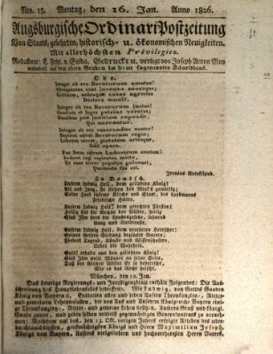 Augsburgische Ordinari Postzeitung von Staats-, gelehrten, historisch- u. ökonomischen Neuigkeiten (Augsburger Postzeitung) Montag 16. Januar 1826