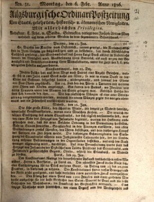 Augsburgische Ordinari Postzeitung von Staats-, gelehrten, historisch- u. ökonomischen Neuigkeiten (Augsburger Postzeitung) Montag 6. Februar 1826