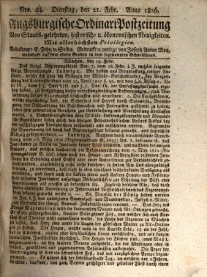 Augsburgische Ordinari Postzeitung von Staats-, gelehrten, historisch- u. ökonomischen Neuigkeiten (Augsburger Postzeitung) Dienstag 21. Februar 1826