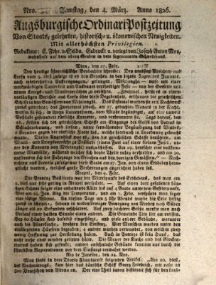 Augsburgische Ordinari Postzeitung von Staats-, gelehrten, historisch- u. ökonomischen Neuigkeiten (Augsburger Postzeitung) Samstag 4. März 1826