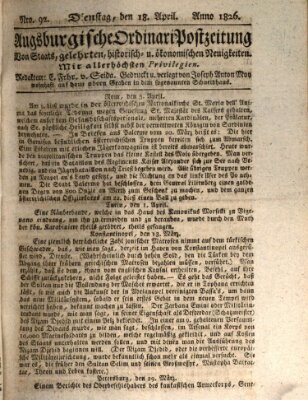 Augsburgische Ordinari Postzeitung von Staats-, gelehrten, historisch- u. ökonomischen Neuigkeiten (Augsburger Postzeitung) Dienstag 18. April 1826