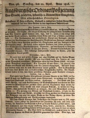 Augsburgische Ordinari Postzeitung von Staats-, gelehrten, historisch- u. ökonomischen Neuigkeiten (Augsburger Postzeitung) Samstag 22. April 1826