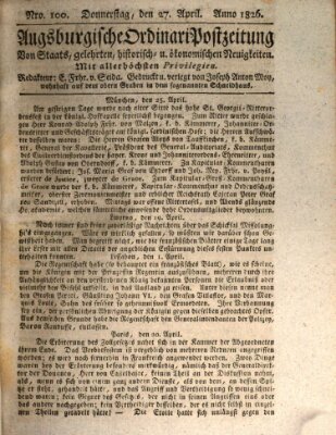 Augsburgische Ordinari Postzeitung von Staats-, gelehrten, historisch- u. ökonomischen Neuigkeiten (Augsburger Postzeitung) Donnerstag 27. April 1826