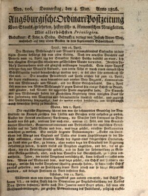 Augsburgische Ordinari Postzeitung von Staats-, gelehrten, historisch- u. ökonomischen Neuigkeiten (Augsburger Postzeitung) Donnerstag 4. Mai 1826