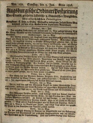 Augsburgische Ordinari Postzeitung von Staats-, gelehrten, historisch- u. ökonomischen Neuigkeiten (Augsburger Postzeitung) Samstag 3. Juni 1826