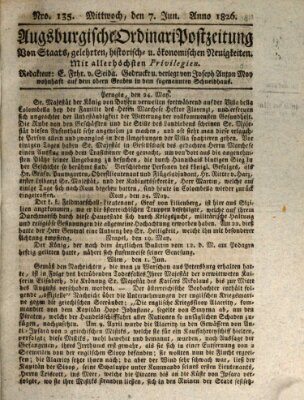 Augsburgische Ordinari Postzeitung von Staats-, gelehrten, historisch- u. ökonomischen Neuigkeiten (Augsburger Postzeitung) Mittwoch 7. Juni 1826