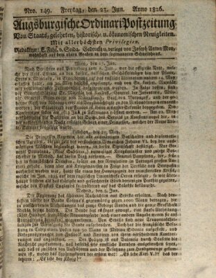 Augsburgische Ordinari Postzeitung von Staats-, gelehrten, historisch- u. ökonomischen Neuigkeiten (Augsburger Postzeitung) Freitag 23. Juni 1826