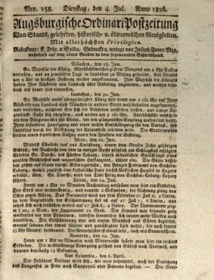 Augsburgische Ordinari Postzeitung von Staats-, gelehrten, historisch- u. ökonomischen Neuigkeiten (Augsburger Postzeitung) Dienstag 4. Juli 1826