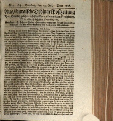 Augsburgische Ordinari Postzeitung von Staats-, gelehrten, historisch- u. ökonomischen Neuigkeiten (Augsburger Postzeitung) Samstag 15. Juli 1826