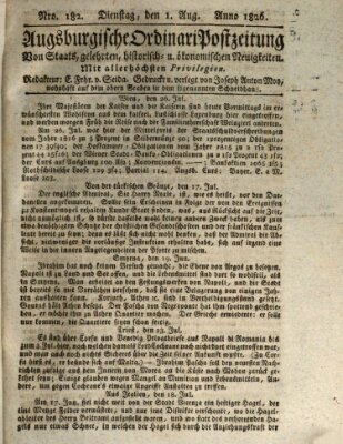 Augsburgische Ordinari Postzeitung von Staats-, gelehrten, historisch- u. ökonomischen Neuigkeiten (Augsburger Postzeitung) Dienstag 1. August 1826