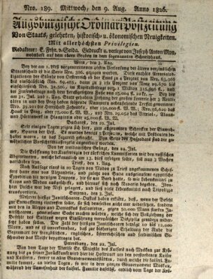 Augsburgische Ordinari Postzeitung von Staats-, gelehrten, historisch- u. ökonomischen Neuigkeiten (Augsburger Postzeitung) Mittwoch 9. August 1826