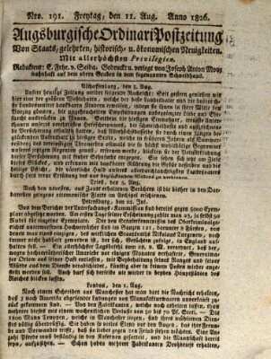 Augsburgische Ordinari Postzeitung von Staats-, gelehrten, historisch- u. ökonomischen Neuigkeiten (Augsburger Postzeitung) Freitag 11. August 1826