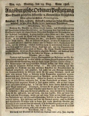 Augsburgische Ordinari Postzeitung von Staats-, gelehrten, historisch- u. ökonomischen Neuigkeiten (Augsburger Postzeitung) Montag 14. August 1826