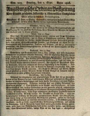 Augsburgische Ordinari Postzeitung von Staats-, gelehrten, historisch- u. ökonomischen Neuigkeiten (Augsburger Postzeitung) Freitag 1. September 1826