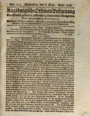 Augsburgische Ordinari Postzeitung von Staats-, gelehrten, historisch- u. ökonomischen Neuigkeiten (Augsburger Postzeitung) Donnerstag 7. September 1826