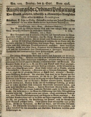 Augsburgische Ordinari Postzeitung von Staats-, gelehrten, historisch- u. ökonomischen Neuigkeiten (Augsburger Postzeitung) Freitag 8. September 1826