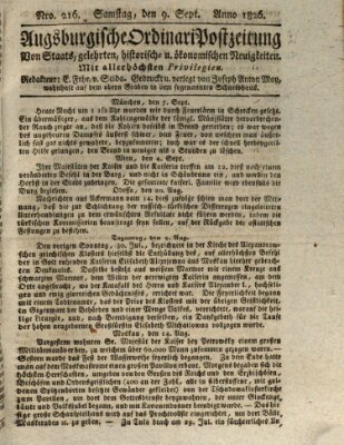 Augsburgische Ordinari Postzeitung von Staats-, gelehrten, historisch- u. ökonomischen Neuigkeiten (Augsburger Postzeitung) Samstag 9. September 1826