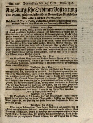 Augsburgische Ordinari Postzeitung von Staats-, gelehrten, historisch- u. ökonomischen Neuigkeiten (Augsburger Postzeitung) Donnerstag 14. September 1826