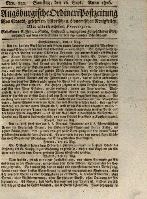 Augsburgische Ordinari Postzeitung von Staats-, gelehrten, historisch- u. ökonomischen Neuigkeiten (Augsburger Postzeitung) Samstag 16. September 1826