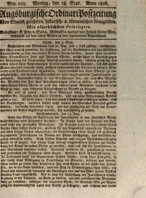 Augsburgische Ordinari Postzeitung von Staats-, gelehrten, historisch- u. ökonomischen Neuigkeiten (Augsburger Postzeitung) Montag 18. September 1826