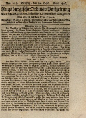 Augsburgische Ordinari Postzeitung von Staats-, gelehrten, historisch- u. ökonomischen Neuigkeiten (Augsburger Postzeitung) Dienstag 19. September 1826