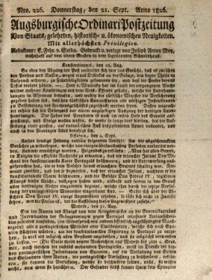 Augsburgische Ordinari Postzeitung von Staats-, gelehrten, historisch- u. ökonomischen Neuigkeiten (Augsburger Postzeitung) Donnerstag 21. September 1826