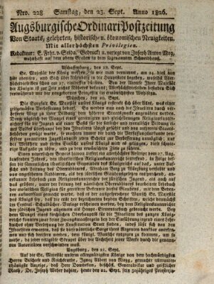 Augsburgische Ordinari Postzeitung von Staats-, gelehrten, historisch- u. ökonomischen Neuigkeiten (Augsburger Postzeitung) Samstag 23. September 1826