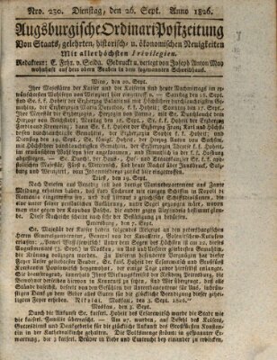 Augsburgische Ordinari Postzeitung von Staats-, gelehrten, historisch- u. ökonomischen Neuigkeiten (Augsburger Postzeitung) Dienstag 26. September 1826