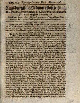 Augsburgische Ordinari Postzeitung von Staats-, gelehrten, historisch- u. ökonomischen Neuigkeiten (Augsburger Postzeitung) Freitag 29. September 1826