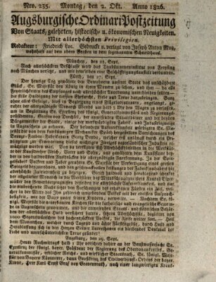 Augsburgische Ordinari Postzeitung von Staats-, gelehrten, historisch- u. ökonomischen Neuigkeiten (Augsburger Postzeitung) Montag 2. Oktober 1826