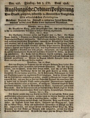 Augsburgische Ordinari Postzeitung von Staats-, gelehrten, historisch- u. ökonomischen Neuigkeiten (Augsburger Postzeitung) Dienstag 3. Oktober 1826